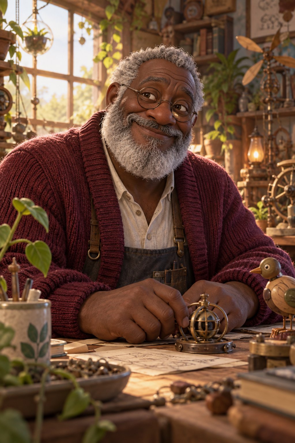 Mature features and a broad build become a warm inventor archetype without copying an existing character.