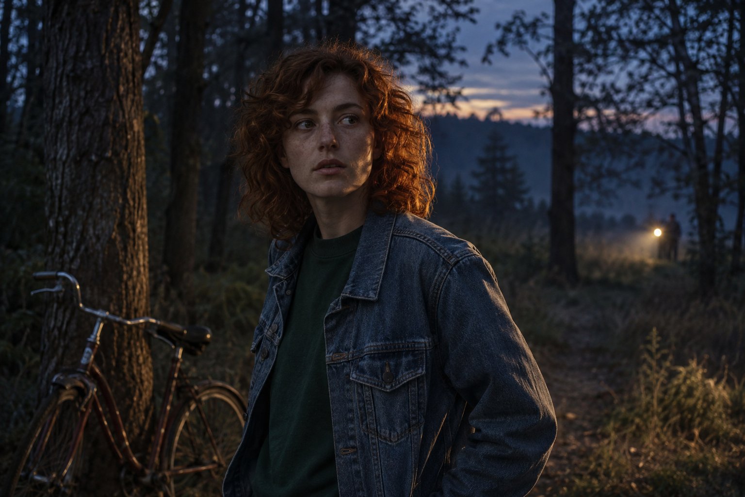 Blue-hour woodland light shifts the role toward the grounded investigator without copying a character.