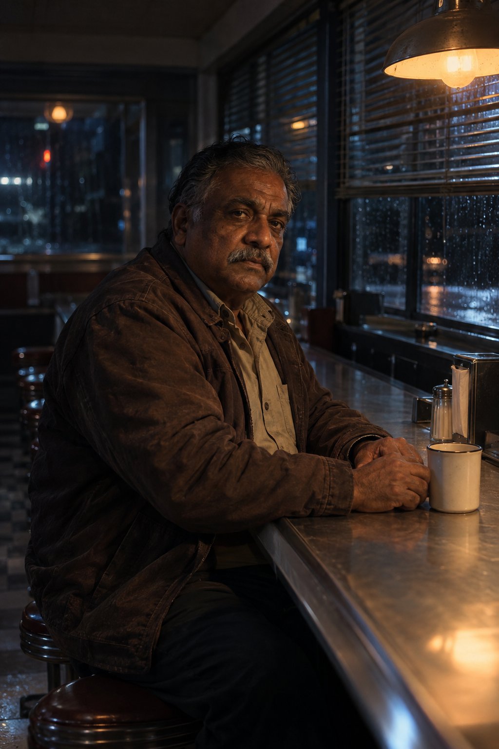 Rain, tungsten diner light, and a direct gaze create a darker version of the same late-1980s look.