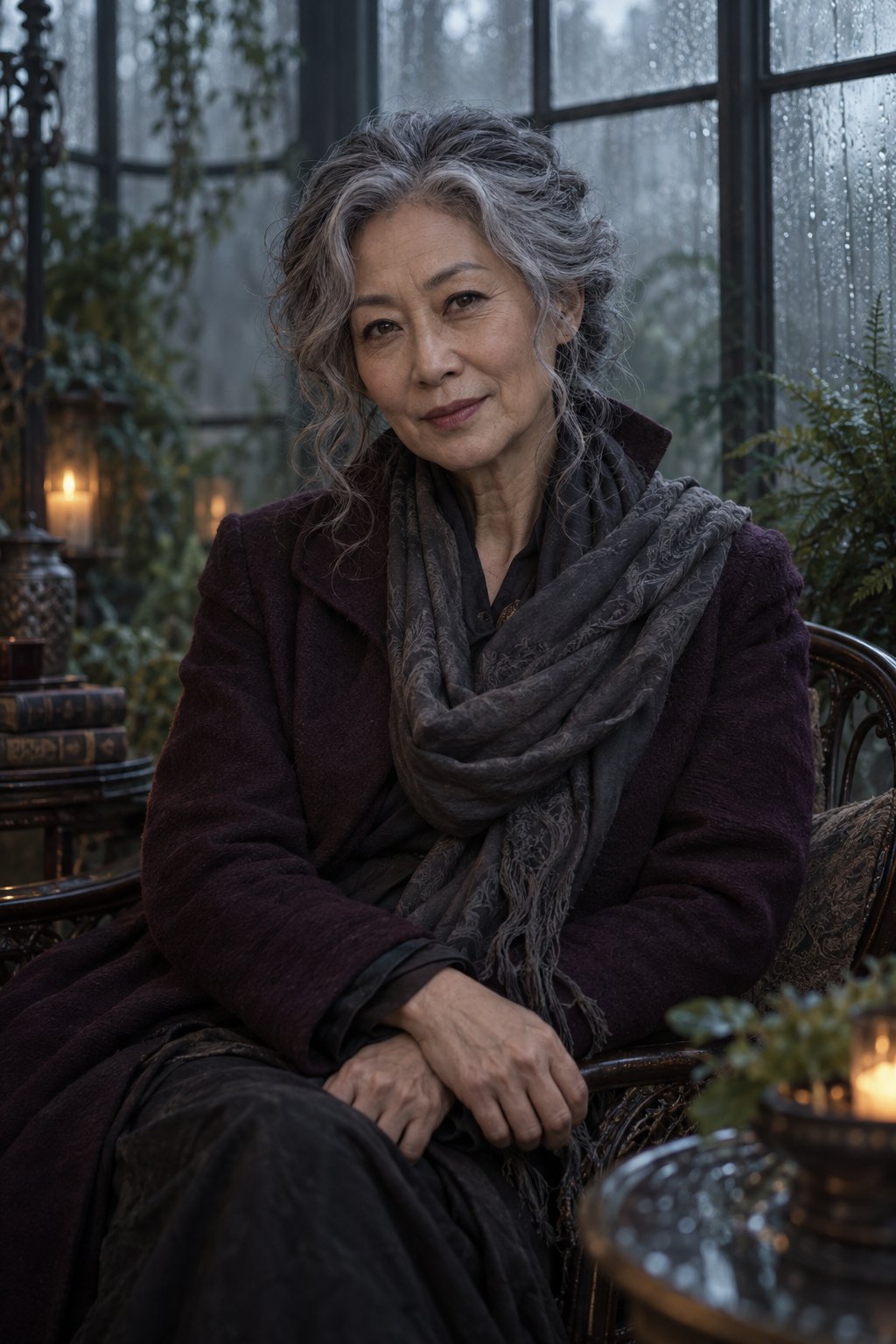 A mature small-town seer uses texture and expression, not age smoothing, to carry the mystery.