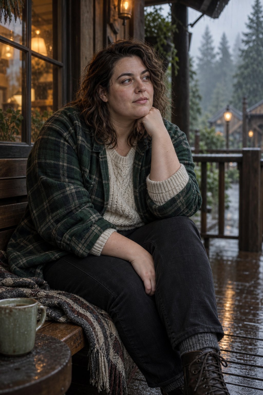 A warm café porch makes the thoughtful human role distinct from the colder immortal palette.