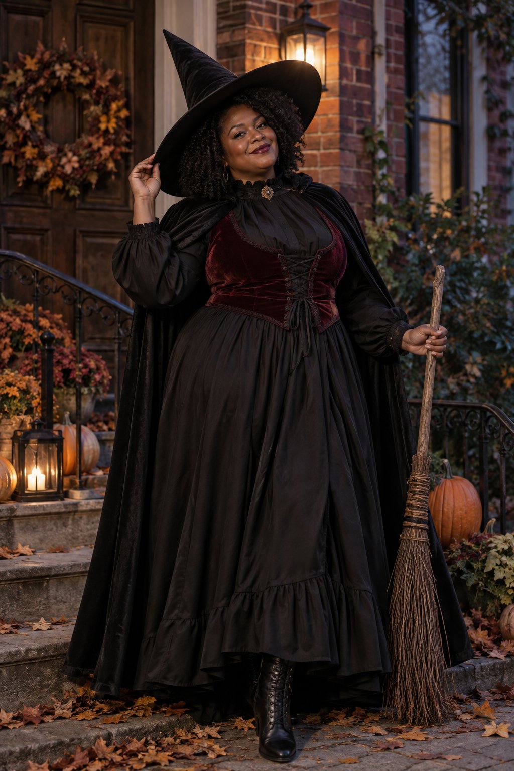The finished classic-witch promise: a matte wide brim, oxblood velvet, and light lifted into the face.