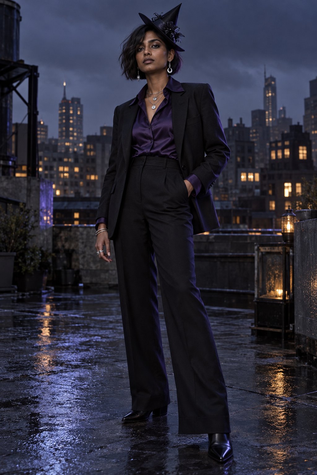 Tailoring, violet satin, and a sculptural mini hat turn the idea into a modern city look.