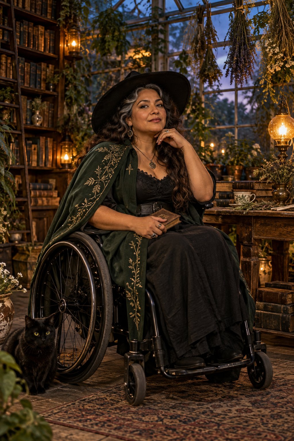 A botanical cape is arranged safely around a wheelchair, proving the silhouette adapts without losing drama.