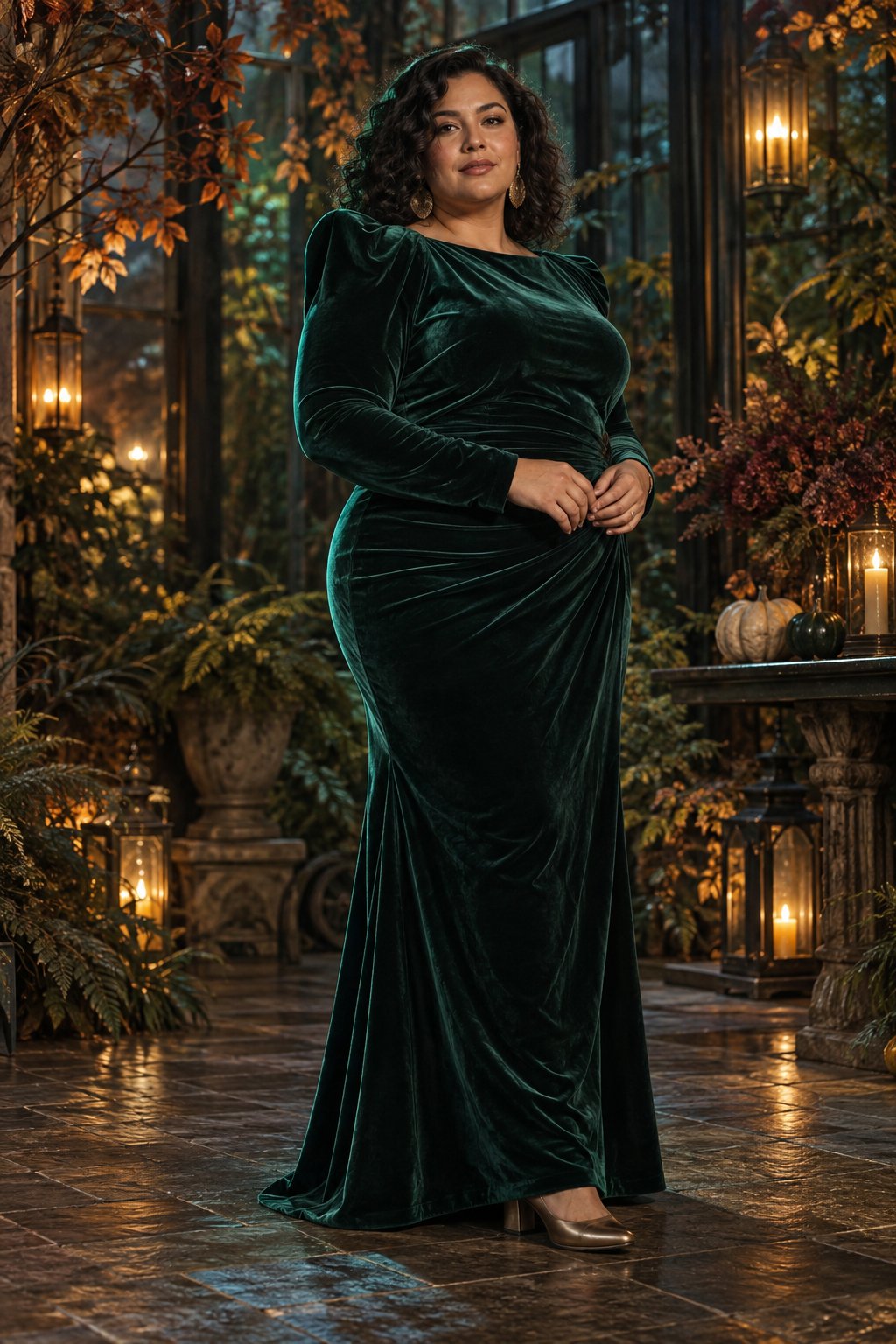 A heavy velvet column gown demonstrates an uninterrupted line on a fuller body.