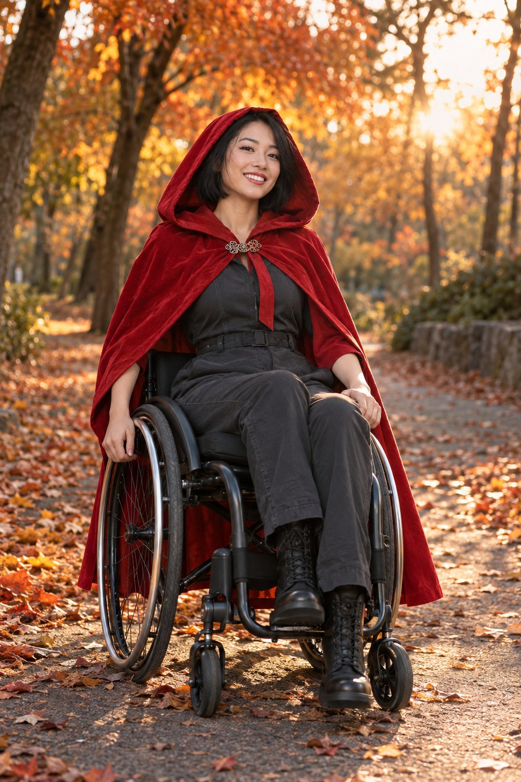 A waist-length red cape stays clear of the wheels while keeping the storybook silhouette intact.