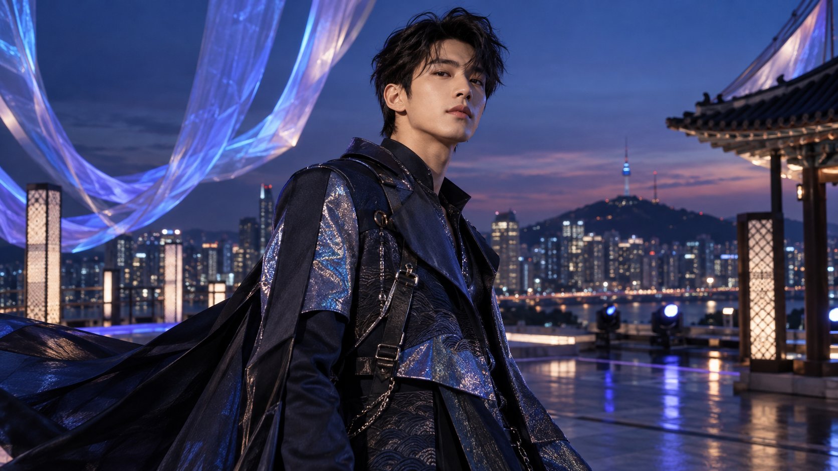 The finished K-pop fantasy promise: cobalt tailoring, roofline drama, and an original performance silhouette.