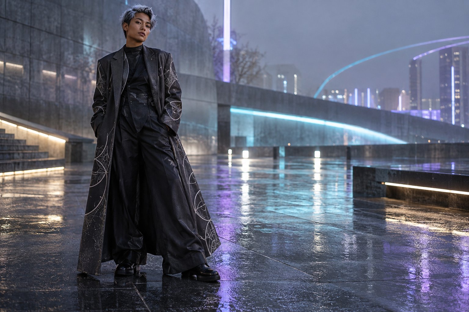 Rain light and pearlescent geometry create an androgynous version without borrowing a named costume.