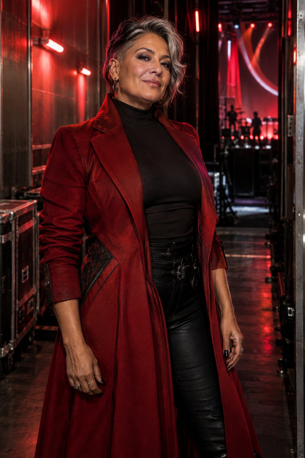 Crimson backstage light and silver-streaked hair extend the concept beyond the usual young-idol casting.